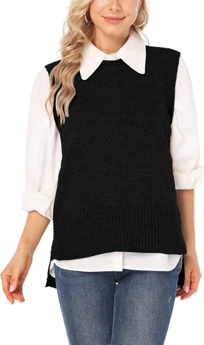 Vista 7 de PEIQI Suéter de punto para mujer, sin mangas, liso, casual, básico