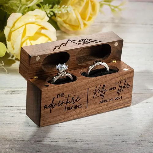 Vista 4 de Yonhi Joyeros de doble anillo con nombre personalizado, caja de anillo de madera personalizada, propuesta, compromiso, ceremonia de boda, caja