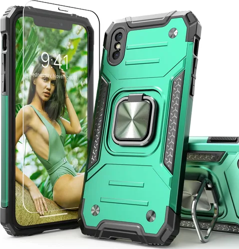Vista 11 de Funda protectora ligera para iPhone Xs con protector de pantalla, absorción de golpes, resistente a prueba de caídas con soporte para automóvil