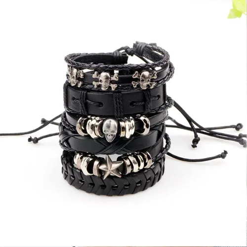 Vista 2 de NIGHTCRUZ 6 pulseras trenzadas de cuero, pulsera de cuero medieval con calavera