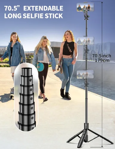 Vista 3 de Trípode de aluminio de 71" para teléfono, trípodes de viaje para iPhone con control remoto, trípode de selfie para celular extensible compatible