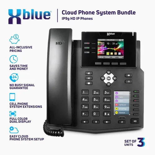 Vista 3 de XBLUE Cloud Phone System Bundle with (3) IP Phones & (6) Months of XBLUE Cloud VoIP Telephone Service w/Auto Attendant, Voicemail to Email, Cell