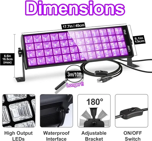 Vista 4 de Barra de luz LED negra de 120 W, cable e interruptor de 10 pies, carcasa de aluminio, luces negras impermeables YIAYETOG IP66 para grandes espacios