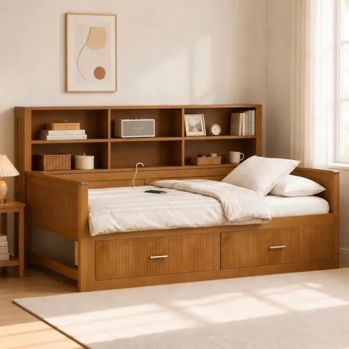 Vista 20 de VilroCaz Cama de sofá de tamaño individual de madera con estantes de almacenamiento y escritorio de estudio, estructura de cama de día Blanco