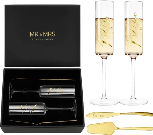 Vista 16 de AW BRIDAL - Juego de 2 copas de champán de aniversario con caja de madera Aniversario (marrón)
