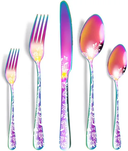 Vista 8 de Juego de cubiertos para 12 cubiertos, 60 piezas, diseño único de patrón de flores, utensilios de cocina de acero inoxidable, juego de cubiertos Oro