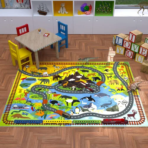 Vista 2 de KC Cubs 8x10 Alfombra de Carretera con Animales Safari para Coches de Juguete – Alfombra de Juego Educativa para Niños, Pequeños, Guardería, Aula