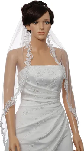 Vista 2 de SAMKY 1T 1 Nivel Flor Festira Embroided Lace Pearl Velo de boda nupcial