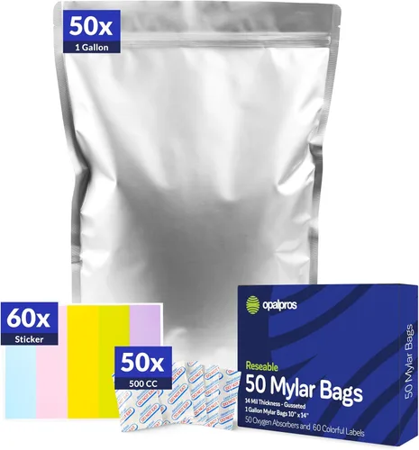50 paquetes de bolsas de mylar de 14 mil con absorbentes de oxígeno, con refuerzo de 1 galón con 500 cc de OA - Bolsas resellables de mylar para 50