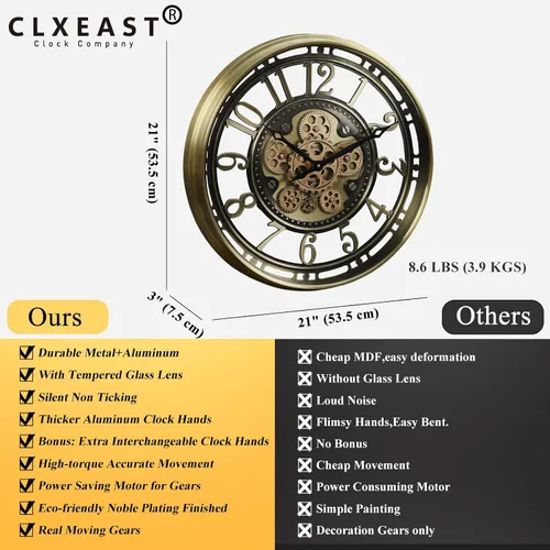 Vista 3 de CLXEAST Reloj de pared de engranajes en movimiento industrial de 21 pulgadas, reloj de pared moderno de estilo granja con números arábicos, funciona