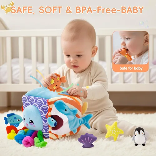 Vista 7 de SAIMAND Juguetes para bebés de 6 a 12 meses – Caja suave misteriosa con 5 animales marinos de peluche, sonajero, papel crujiente y espejo – Juguetes
