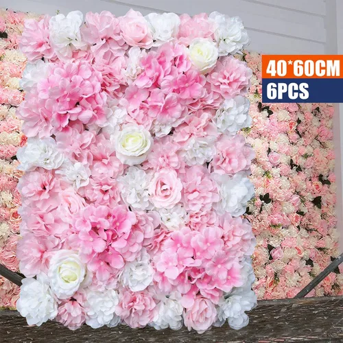 Vista 2 de OUKANING Paquete de 6 paneles de pared de flores de seda con rosas de seda, telón de fondo de pared de flores artificiales para interiores