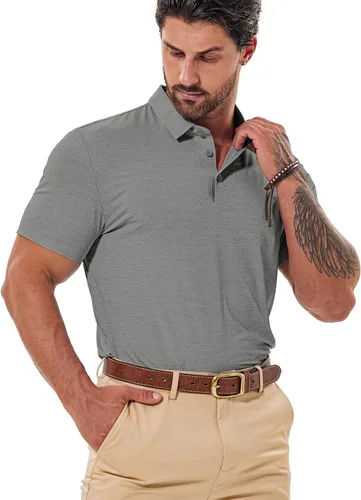 Vista 2 de Camisa de golf Dry Fit para hombre, manga corta, absorbe la humedad, sin costuras, sensación de enfriamiento UPF 40+