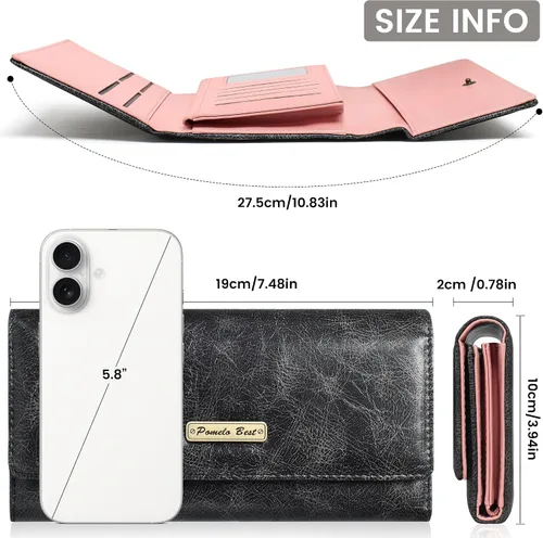 Vista 3 de Billetera para mujer, con bloqueo RFID, triple pliegue, tarjetero, delgada, con bolsillo para monedas con cremallera, Negro -, Negro