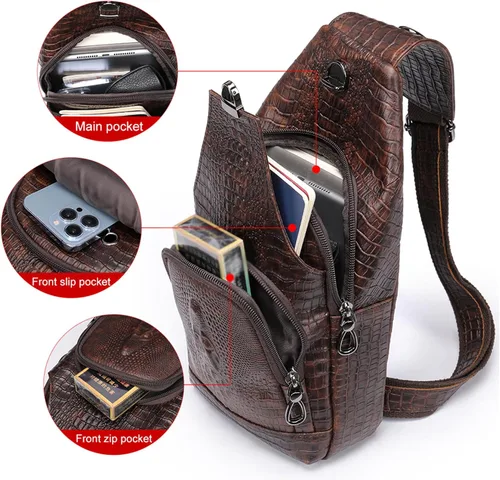 Vista 6 de NIUCUNZH Bolso bandolera de piel de cocodrilo con correa de cuero, 3 bolsas cruzadas con cremallera para viajes, senderismo, transporte diario