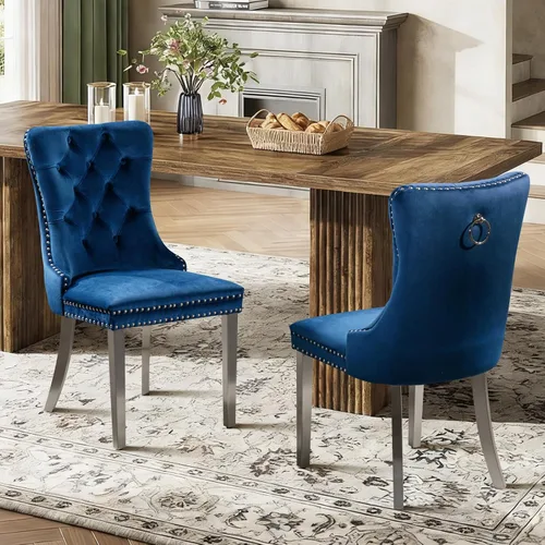 Vista 23 de Juego de 2 sillas de comedor de terciopelo con patas de madera, color beige Mid Century Modern Dining Chairs,Upholstered Chairs with Nailhead
