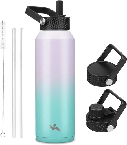 Vista 26 de Konokyo - Botella de agua aislada de 18 onzas, botellas deportivas de acero inoxidable con 3 tapas, verde militar