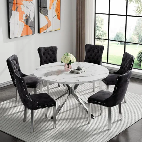 Vista 69 de Juego de 5 mesas de comedor, juego de mesa de cocina y comedor para 4, mesa de cocina rectangular de mármol sintético blanco de 47 pulgadas con base