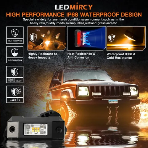 Vista 4 de Kit de Luces de Roca Switchback LEDMIRCY Estroboscópicas Blancas y Ámbar 12 Módulos 6 Modos Función de Memoria Función de Reinicio con Arnés