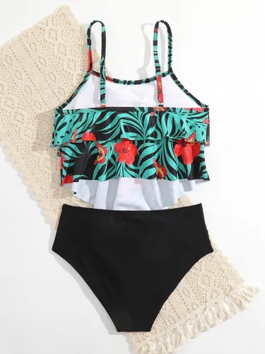 Vista 2 de SHENHE Conjunto de bikini de 2 piezas para niña, diseño floral de cintura alta con volantes