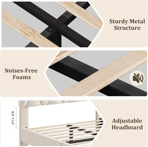 Vista 8 de GAOMON Base de cama tapizada tamaño individual, color beige, base de cama de plataforma resistente con cabecera tapizada y listones de madera
