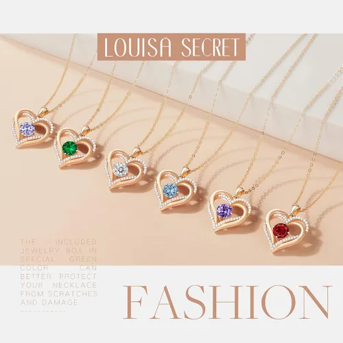 Vista 4 de LOUISA SECRET Love Heart Birthstone Necklaces for Women 925 Sterling Silver Rose Gold Pendant Forever Diamond Jewelry Valentines Day Christmas