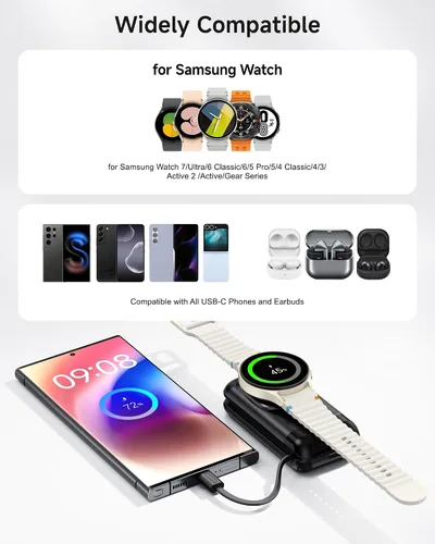 Vista 2 de Cargador de reloj portátil para Samsung Galaxy Watch8/8Classic/Ultra (2025)/7/Ultra/6/5, 6000 mAh reloj y cargador de teléfono para Samsung Galaxy