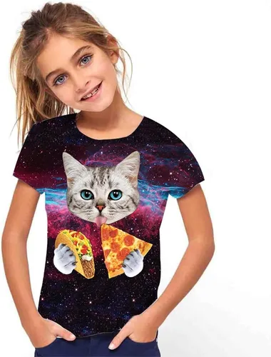 Vista 3 de Camisetas con estampado 3D de gato de galaxia para niños y niñas de 4 a 14 años