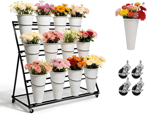 Vista 11 de Soporte de exhibición de flores de 3 niveles, soporte móvil de metal para plantas con 12 cubos, carrito de flores con ruedas, adecuado