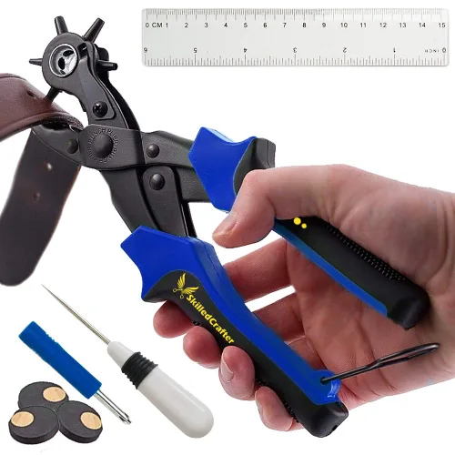 Vista 2 de Puncher de cinturón de cuero con estuche. Perforadora giratoria resistente con 6 tamaños de agujeros redondos para elegir. Incluye accesorios