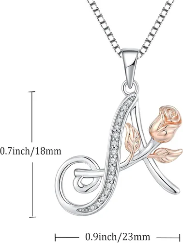 Vista 6 de STARCHENIE Collar con inicial para mujeres y niñas, plata de ley con 26 letras del alfabeto, colgante de flor de rosa, regalos para familiares