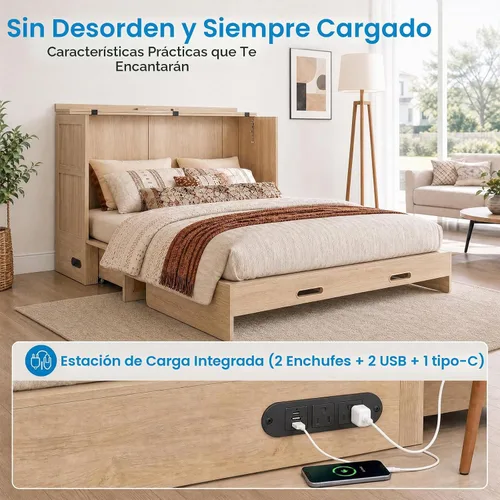 Vista 5 de Mjkone Murphy - Cama de gabinete con colchón plegable de tres piezas Madera natural