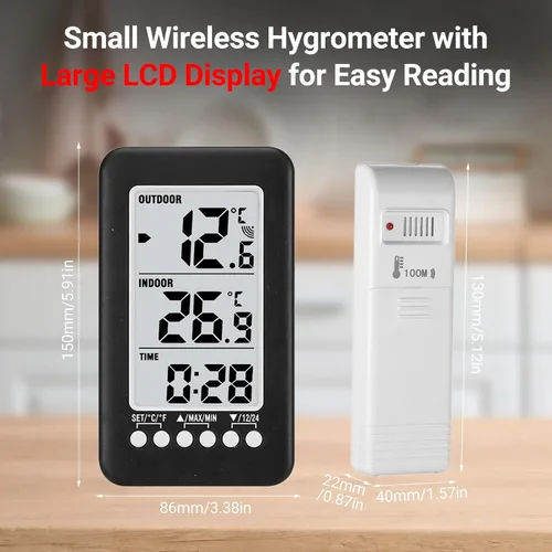 Vista 5 de Termómetro para interiores y exteriores Termómetro inalámbrico para casa LCD ℃/℉ Reloj digital Medidor de temperatura con transmisor Números fáciles