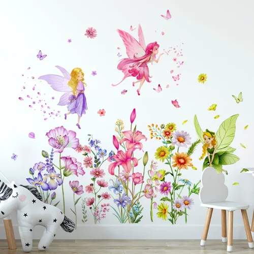 Vista 3 de Supzone Pegatinas de Pared de Hada de Flores Calcomanías de Pared de Niña Mariposa Pegatinas de Arte de Pared de Vinilo Removible para Niñas Bebé