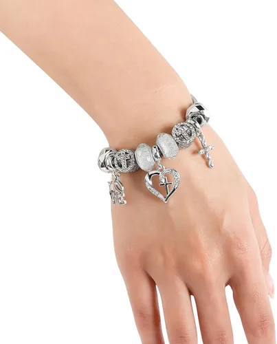 Vista 2 de Pulsera de dije para mujer, con cuentas de cristal y forma de corazón, plata de circonita cúbica, cadena de serpiente, pulsera de moda, joyería