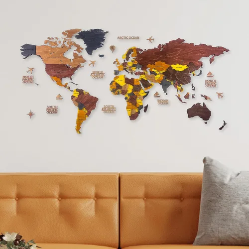 Vista 5 de Mapa del mundo, decoración artística para pared, mapa de madera, mapa del mundo de madera 3D, mapa grande para pared, mapa colorido de madera