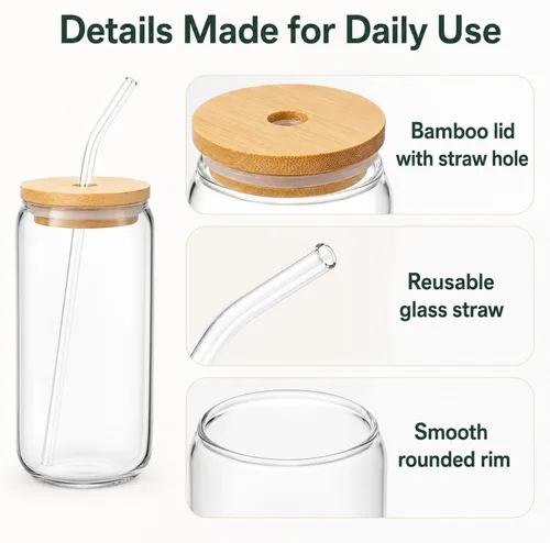 Vista 5 de Tazas de vidrio con tapas y pajitas de 16 onzas, set de 16 – Tazas de café helado para fiestas navideñas, reuniones familiares y anfitrionaje diario