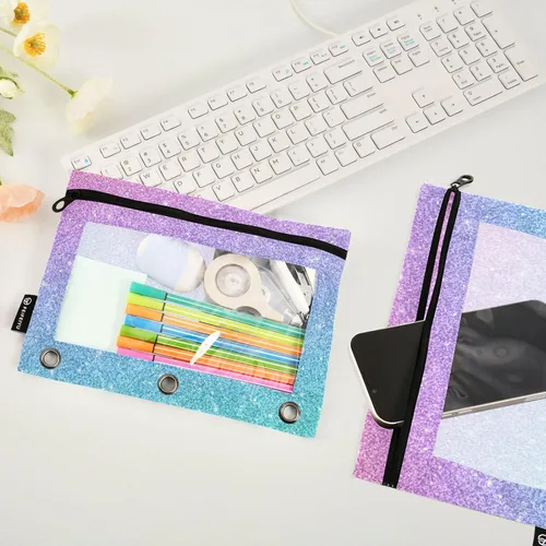 Vista 4 de Gredecor Estuche para lápices con 3 anillos con purpurina azul y rosa con cremallera, 2 unidades, organizador transparente para carpeta escolar