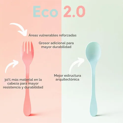 Vista 5 de KNORK Eco - Juego de cubiertos reutilizables de bambú de 12 piezas (tenedor, cuchillo, cuchara) a base de plantas (menta, coral, blanco, gris)
