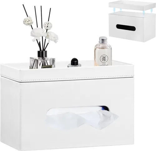 Vista 8 de YAPISHI Caja de pañuelos grande rectangular con almacenamiento de bandeja, soporte de pañuelos faciales de piel sintética, se adapta a 230