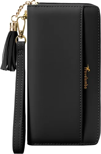 Vista 15 de Carteras con borla Travelambo para mujer, plegable, pulsera, cartera larga negro (A01 Black)
