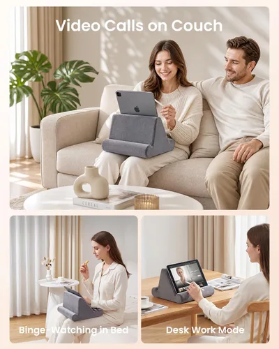 Vista 8 de CreaDream Soporte de almohada para tableta, almohadilla suave para regazo, soporte para tablet para cama con 3 ángulos de visión, bolsillo, soporte
