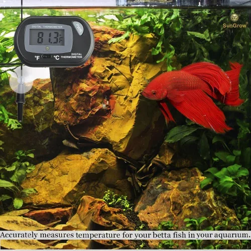 Vista 3 de SunGrow Termómetro digital Betta para peces de acuario tropicales, color negro, ventosas y 1 batería incluida, 1 unidad por paquete