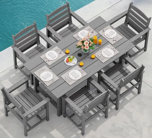 Vista 30 de SERWALL Juego de mesa de comedor de 7 piezas, muebles de comedor de polietileno de alta densidad para exteriores con agujero para paraguas y 6 Negro