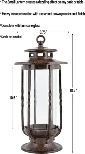 Vista 3 de H Potter – Linterna Huracán, Hierro, Marrón Charcoal, S, 0 volts Farol de vela para interiores y exteriores, patio, porche, jardín y decoración