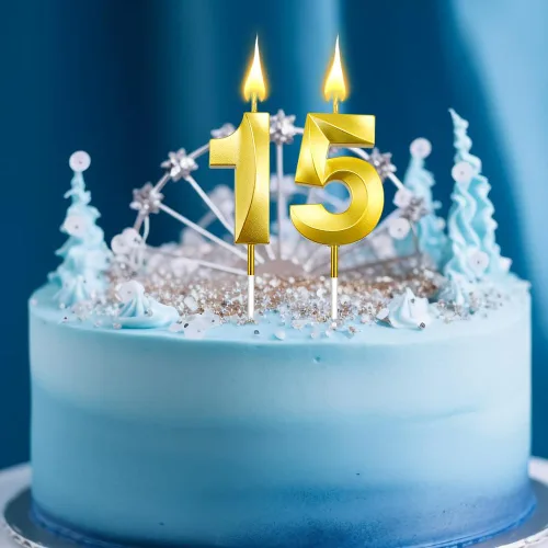 Vista 5 de Velas doradas de cumpleaños de 15 y 51, perfectas para decoraciones de cumpleaños de 15 y decoración de pasteles