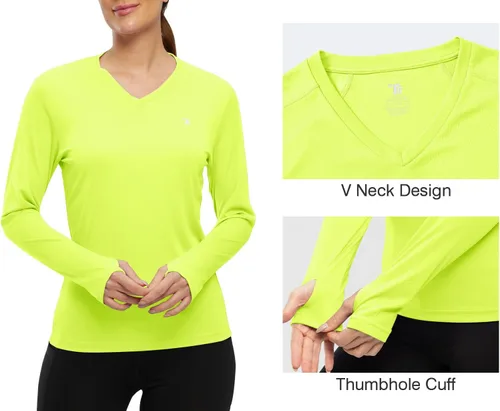 Vista 5 de TBMPOY Camisas de protección solar UPF 50+ para mujer, cuello en V, manga larga, ligeras, para senderismo, entrenamiento, con agujero para el pulgar