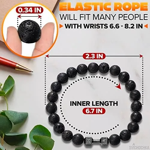 Vista 2 de Lava Beads Gym Bracelets for Men - 8mm Lava Rock Bracelet Natural Stone, Men Stretch Bracelet Bead Bracelet for Women- Alloy Dumbbell Bracelet