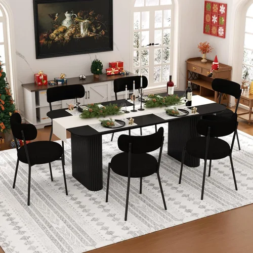 Vista 17 de Juego de mesa de comedor ovalada negra moderna de 70.9 pulgadas para 4, mesa de cocina rectangular estilo crema con sillas negras Boucle, juego