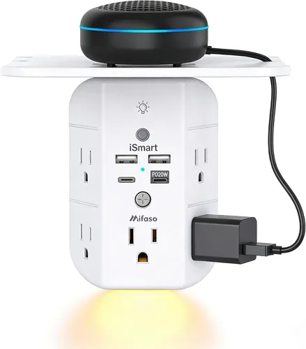 Vista 8 de Extensor de toma de pared con estante y luz nocturna, protector de sobretensiones, cargador de pared USB con 5 salidas de CA y 3 puertos USB A, 1